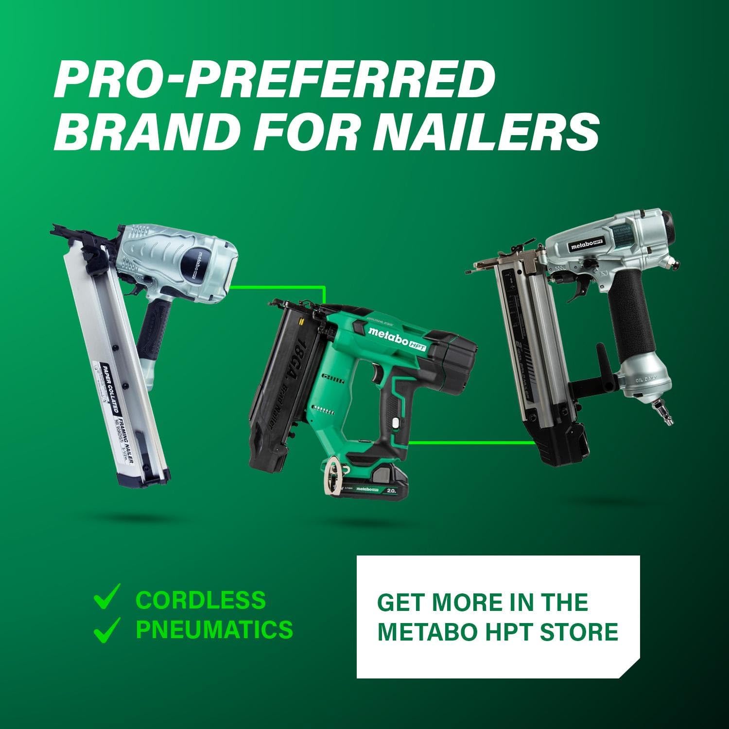 Metabo HPT 7/16' Standard Crown Stapler, Pro-Preferred Pneumatic Power Nailers, Construction Tool for Roof Decking & Subfloor Install, 16 Gauge Power Stapler, 1' to 2' Crown Staples, N5008AC2