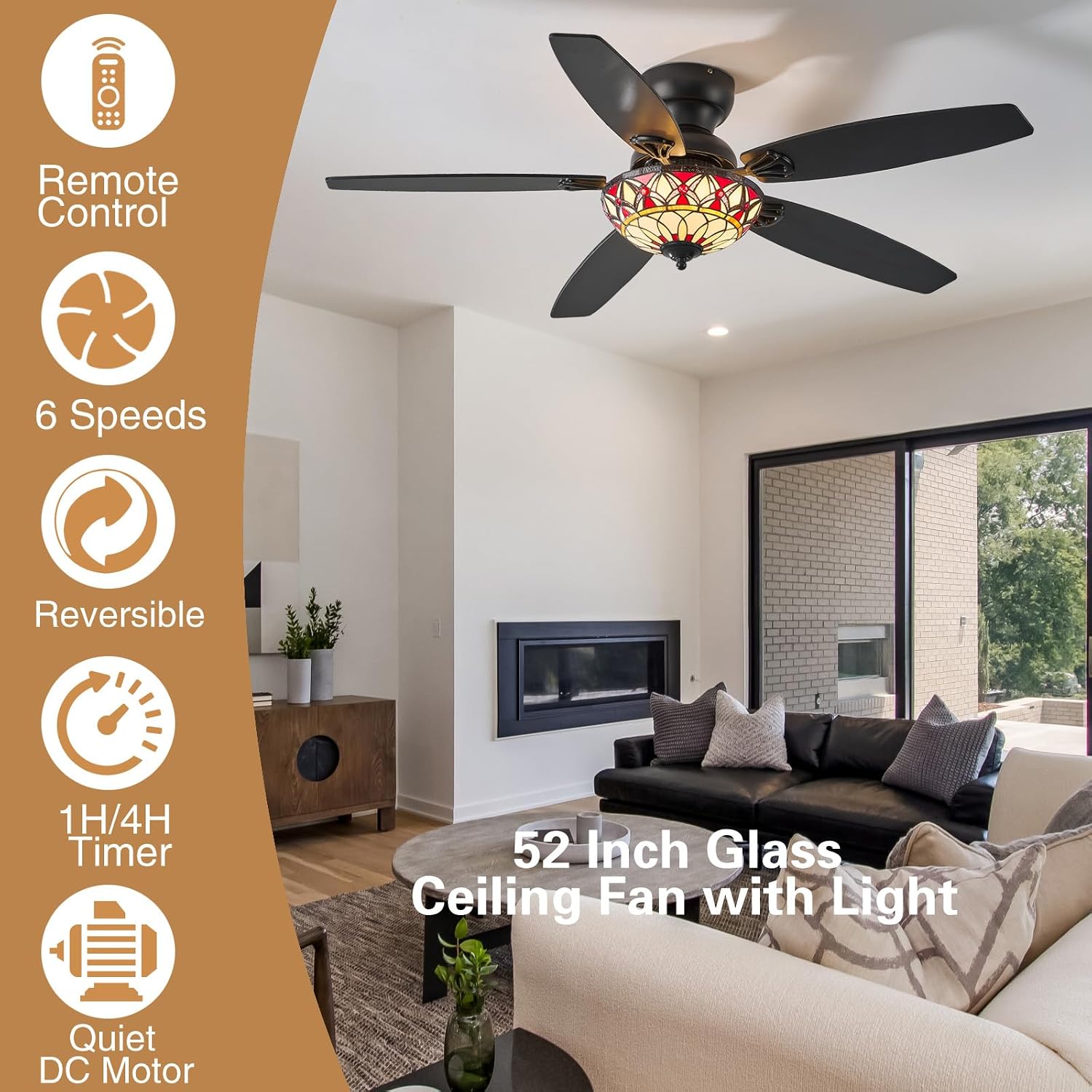 Tiffany Ceiling Fans with Lights - 52' Ceiling Fan Chandelier with 5 Dual-Blades and Glass Shade, 6 Speeds and Reversible, Indoor and Outdoor, Retro Style