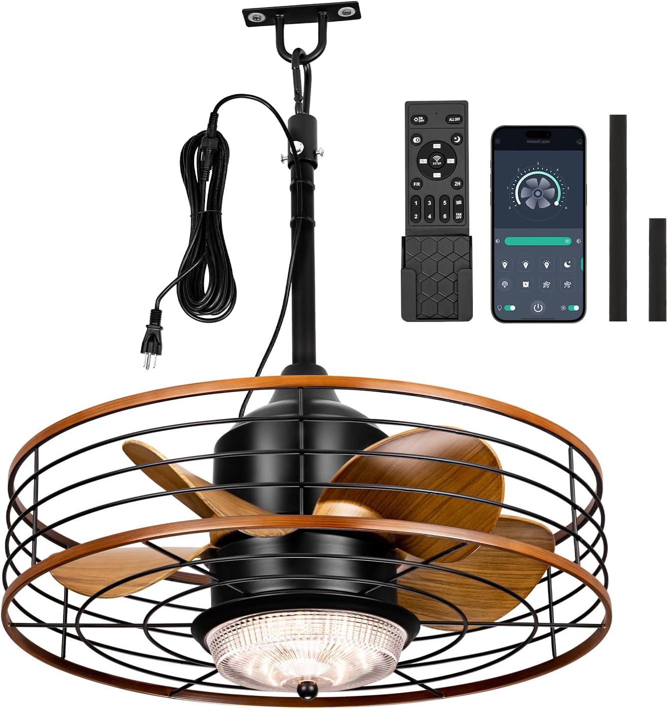 Waterproof Outdoor Ceiling Fan with Light 20' Caged Outdodor Gazebo Fan Hanging with Plug-in Cord, Dimmable LED, Remote APP Control, 6 Speeds for Patios Pergola Porch (Brown)