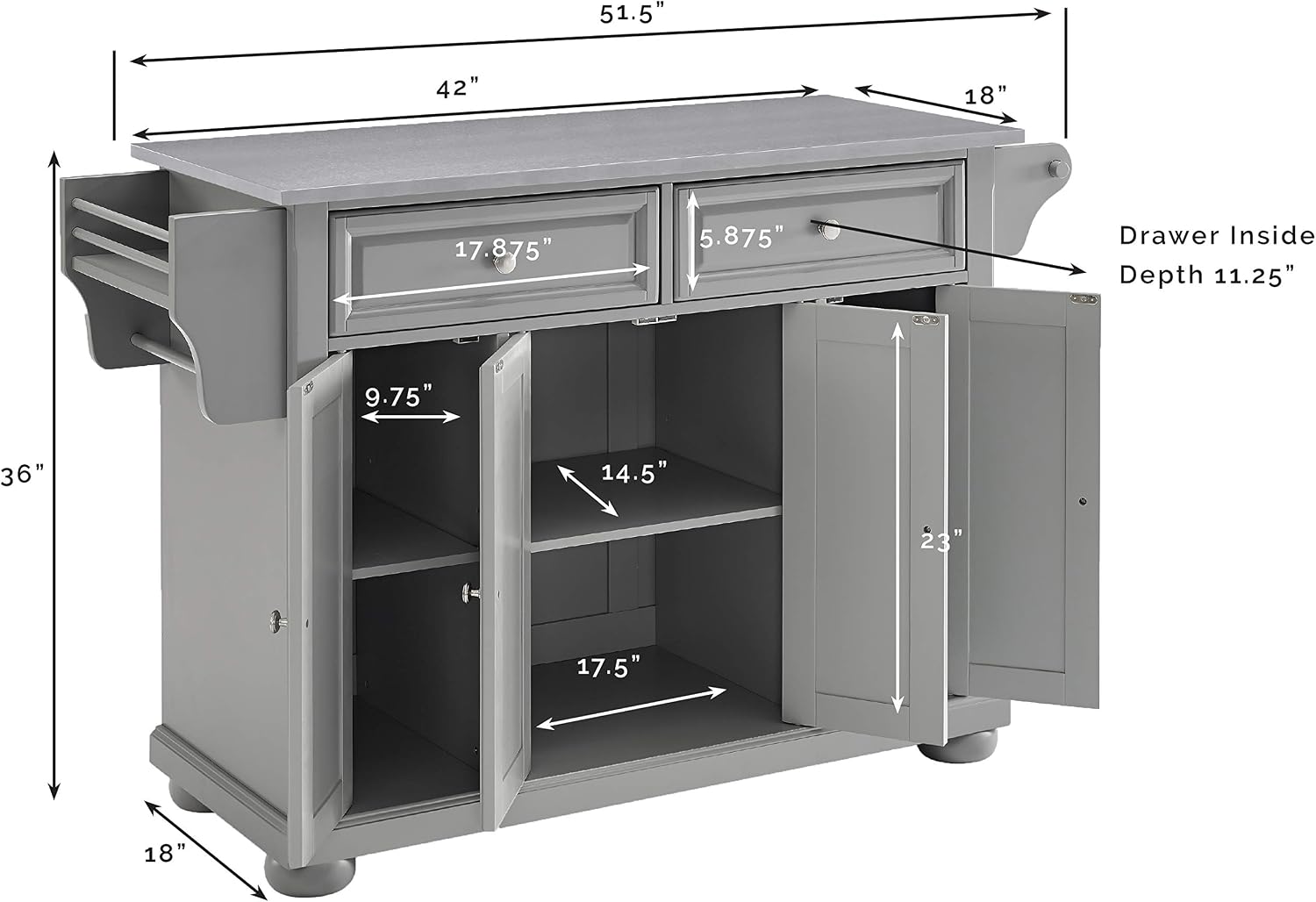 Crosley Furniture Full Size Stainless Steel Rolling Kitchen Island Storage Cart, Microwave Stand, Spice Rack, Gray