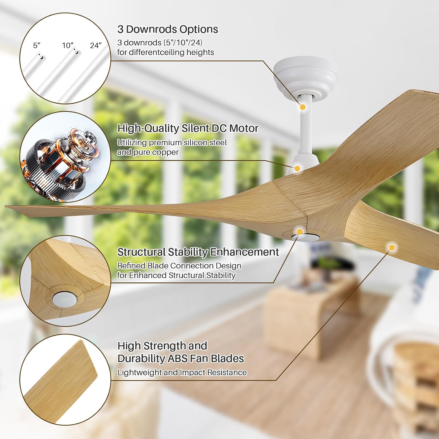 CACI Mall 52 Inch Propeller Ceiling Fan No Light, Remote Control, 6 Speeds Noiseless DC Motor, 3 ABS Blades, Indoor Outdoor Ceiling Fans for Living Room, Bedroom, Patio