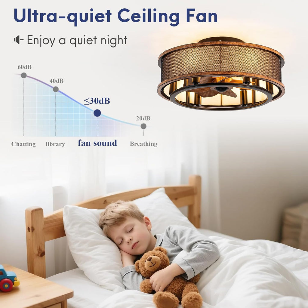 20 Inch Ceiling Fans with Lights, Flush Mount Ceiling Fan with 6 Speeds, Ultra Quiet Modern Fandelier for Bedroom, Living Room, Indoor,Ourdoor Use(Dark Walnut)
