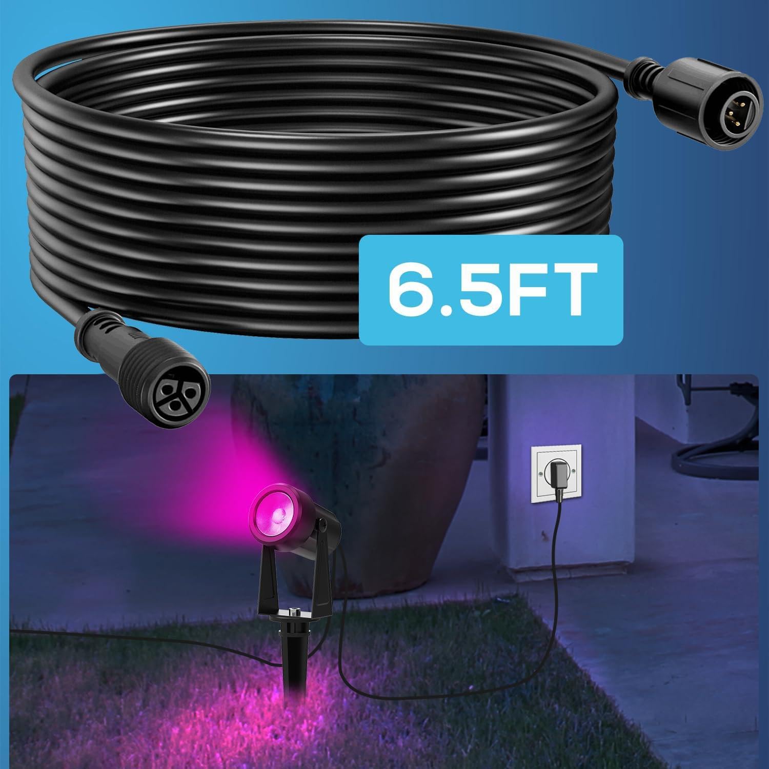SUNTHIN RGBW Color Changing Spotlights 8 Pack with 4pcs 6.5FT Extension Cord with 3-Pin for RGBW Outdoor Landscape Spotlights