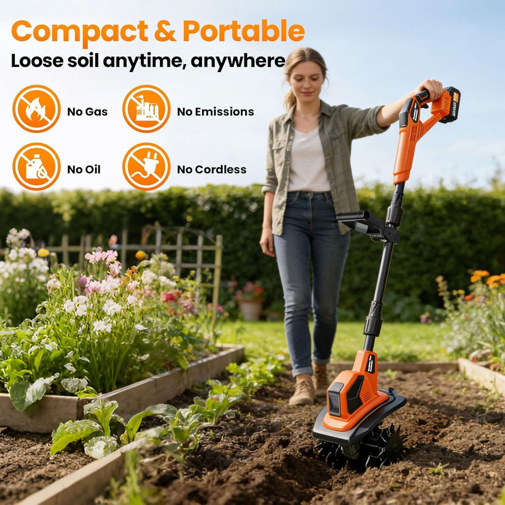 20V Cordlees Tiller Cultivator for Gardening, 400RPM Brushless Electric Garden Tiller Battery Powered((2*3.0Ah Battery&Charger), 9.5'Width 7'Depth, Garden Rototiller for Yard/Lawn/Soil Tiller (Orange)