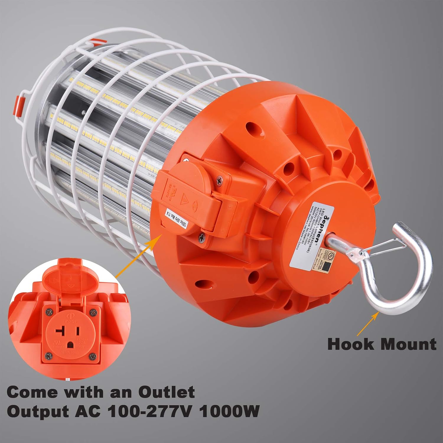 Dephen 130W LED Temporary Work Light - 18200 Lumen, Rugged Steel Safety Guard, Linkable Design, UL Listed, 5 Year Warranty