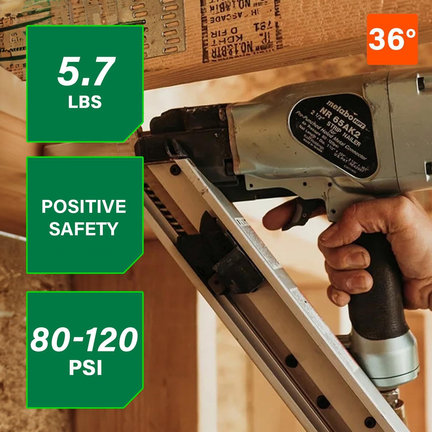 Metabo HPT Strap-Tite Metal Connector Nailer, Pro-Preferred Pneumatic Power Nailers, Connector Tool for Pre-Punched Connectors, 36° Short Magazine, 1-1/2″ to 2-1/2″, NR65AK2S