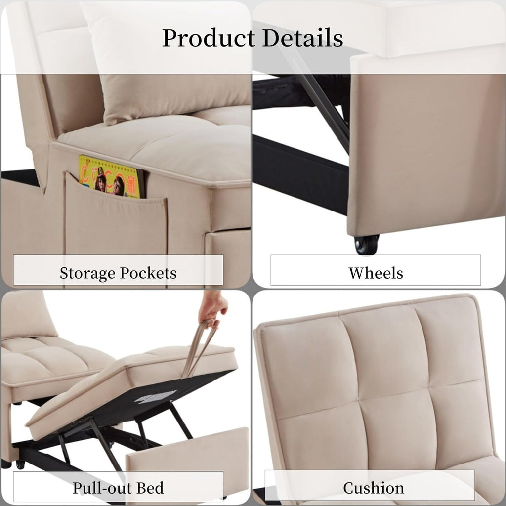 KEIKI Velvet Single Convertible Sleeper Chair Sofa Bed with Adjustable Backrest, Pillows & Storage Pockets, 3 in 1 Pull-Out Couch Chaise Lounge Recliner for Living Room Balcony Bedroom, Taupe