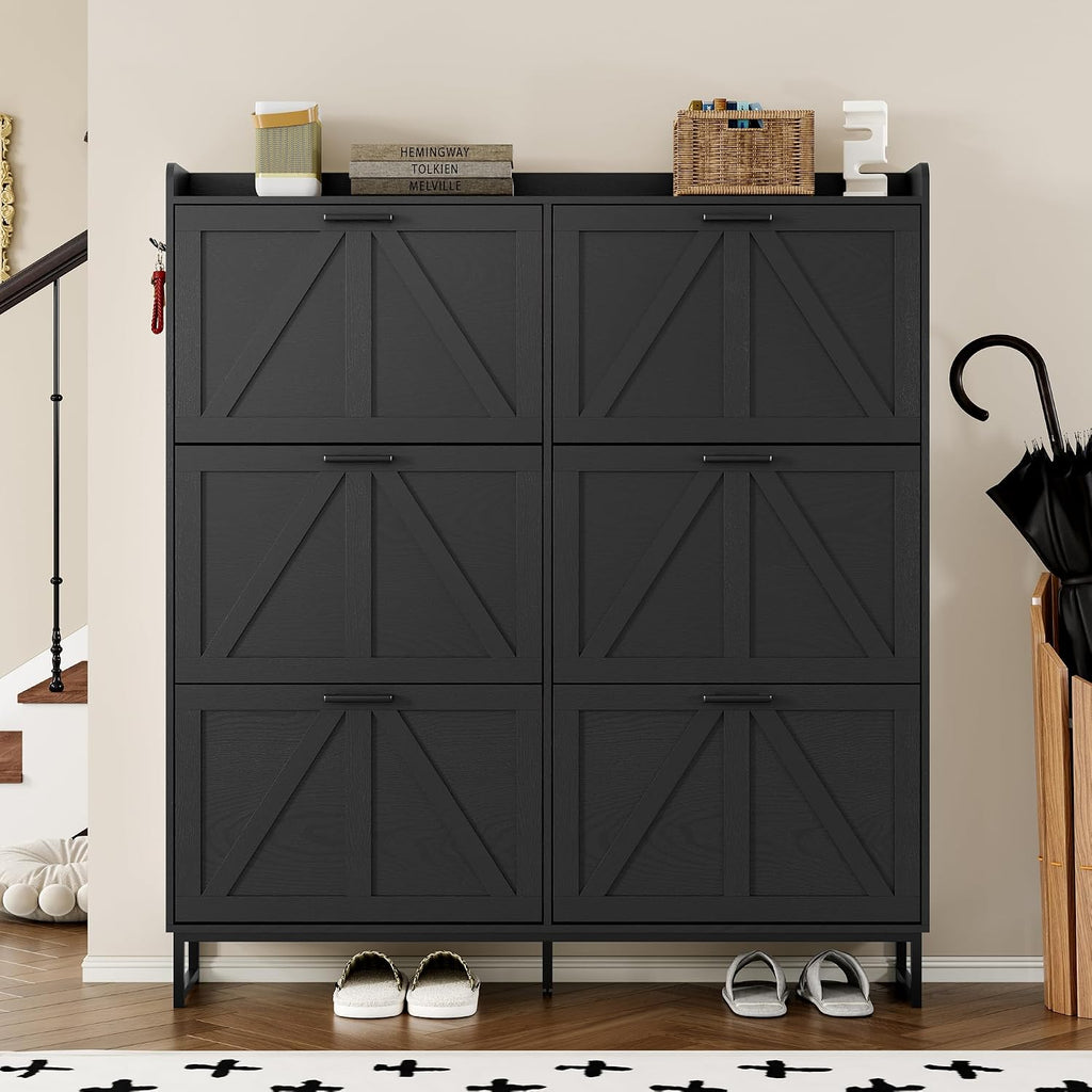 BORNOON Shoe Cabinet with 6 Flip Drawers Narrow Shoe Storage Cabinet Organizer Wooden Freestanding Shoe Rack Hidden Slim Shoes Storage Cabinet for Entryway, Hallway, Living Room, Bedroom
