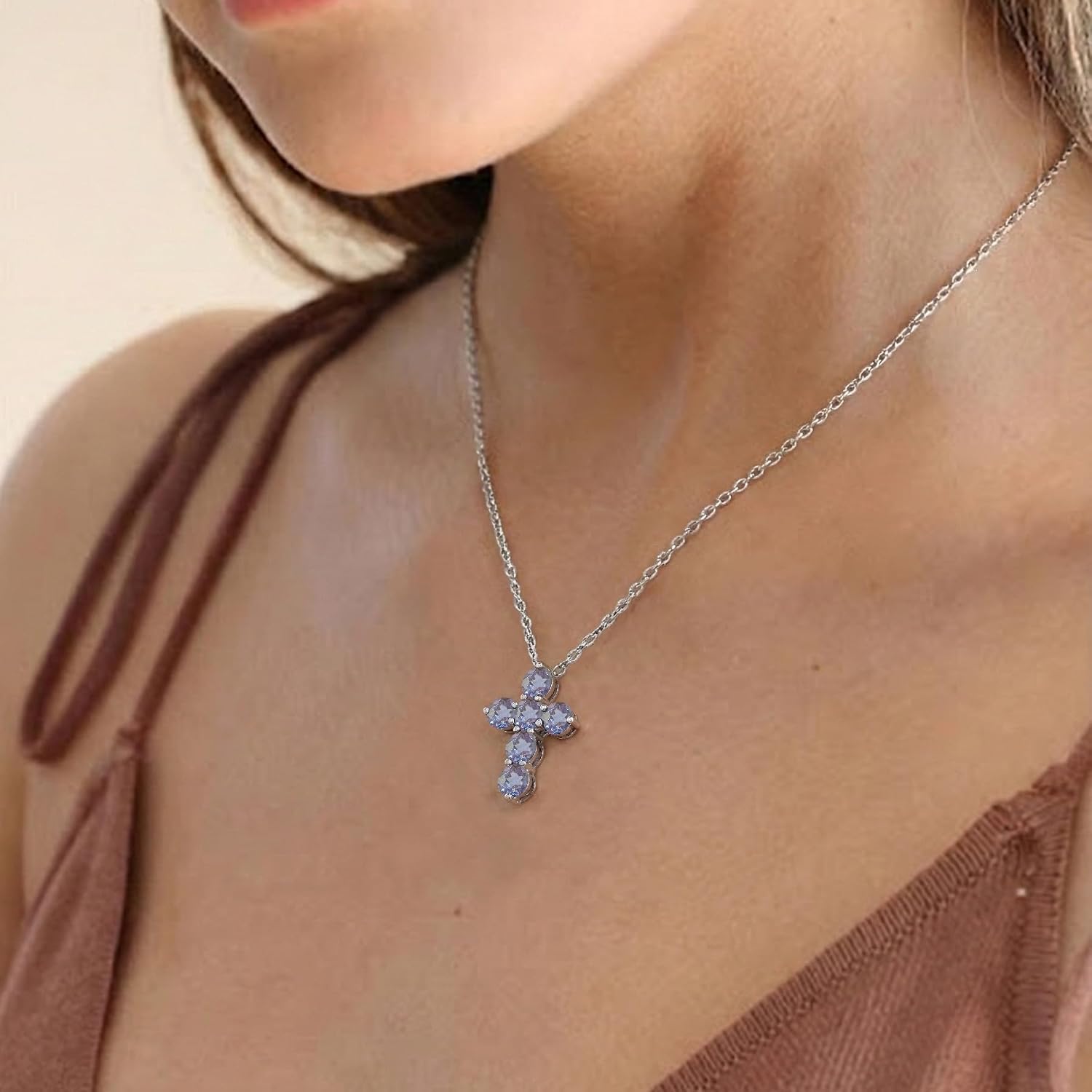 GOODSTONE JEWELS 925 Sterling Silver Cross Pendant Necklace for Women | Size 16+2 Inch Cable Chain with Lobster Clasp | Natural Birthstone Jewelry Gift for Her