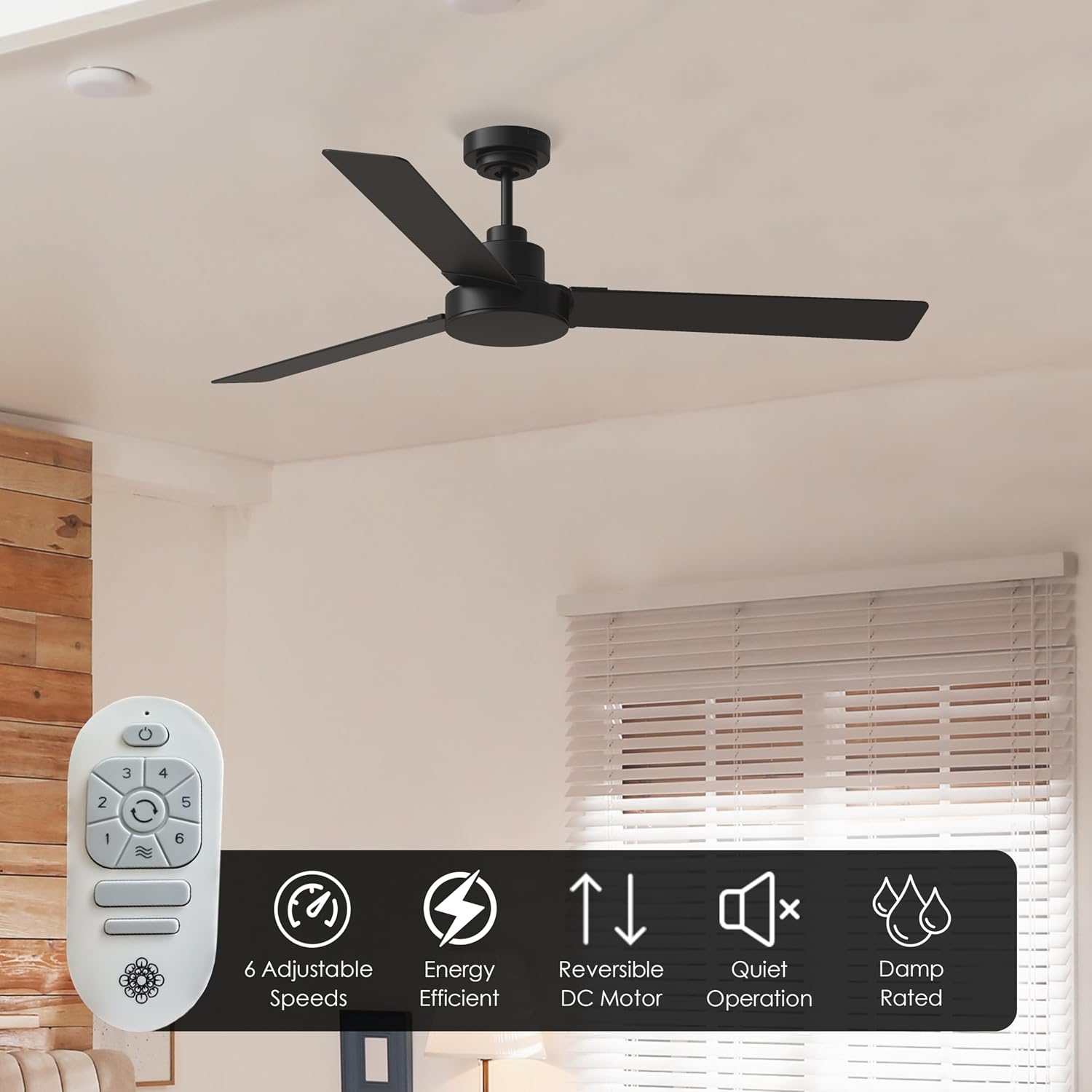 Monte Carlo Fans Jovie 3 Blade Ceiling Fan in Modern Style 58 Inch Wide 14.7 Inch Tall Midnight Black Finish with LED