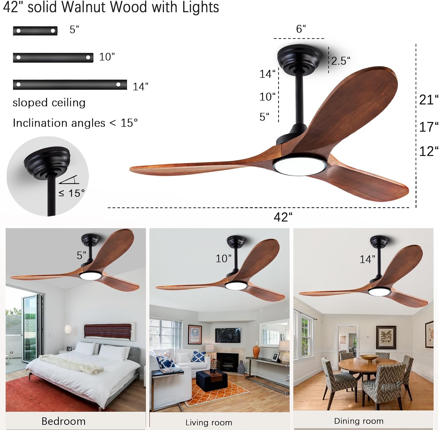QUTWOB 42' Wood Ceiling Fans with Lights and Remote Control,Indoor Outdoor 3 Blades Wooden Ceiling Fan for Garage,Patio,Living Rooms,Bedrooms,Offices,Farmhouse(Black+Dark Walnut)