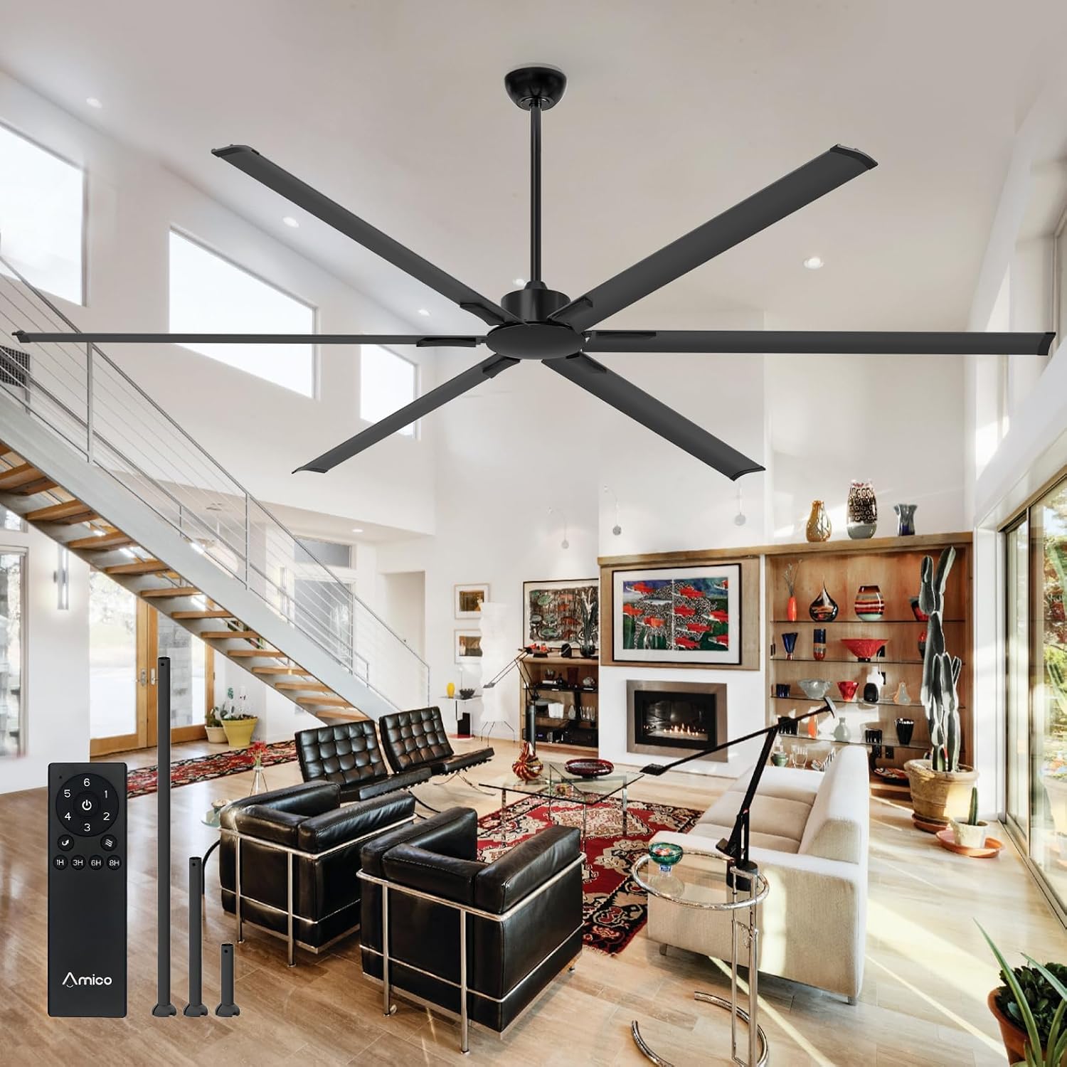 Amico 84 Inch Industrial Ceiling Fans Without Light, Indoor/Outdoor Ceiling Fan with Remote Control, Reversible, 6 Speeds, Noiseless, Black Ceiling Fan for Patio, Porch, Garage, Shop, Farmhouse