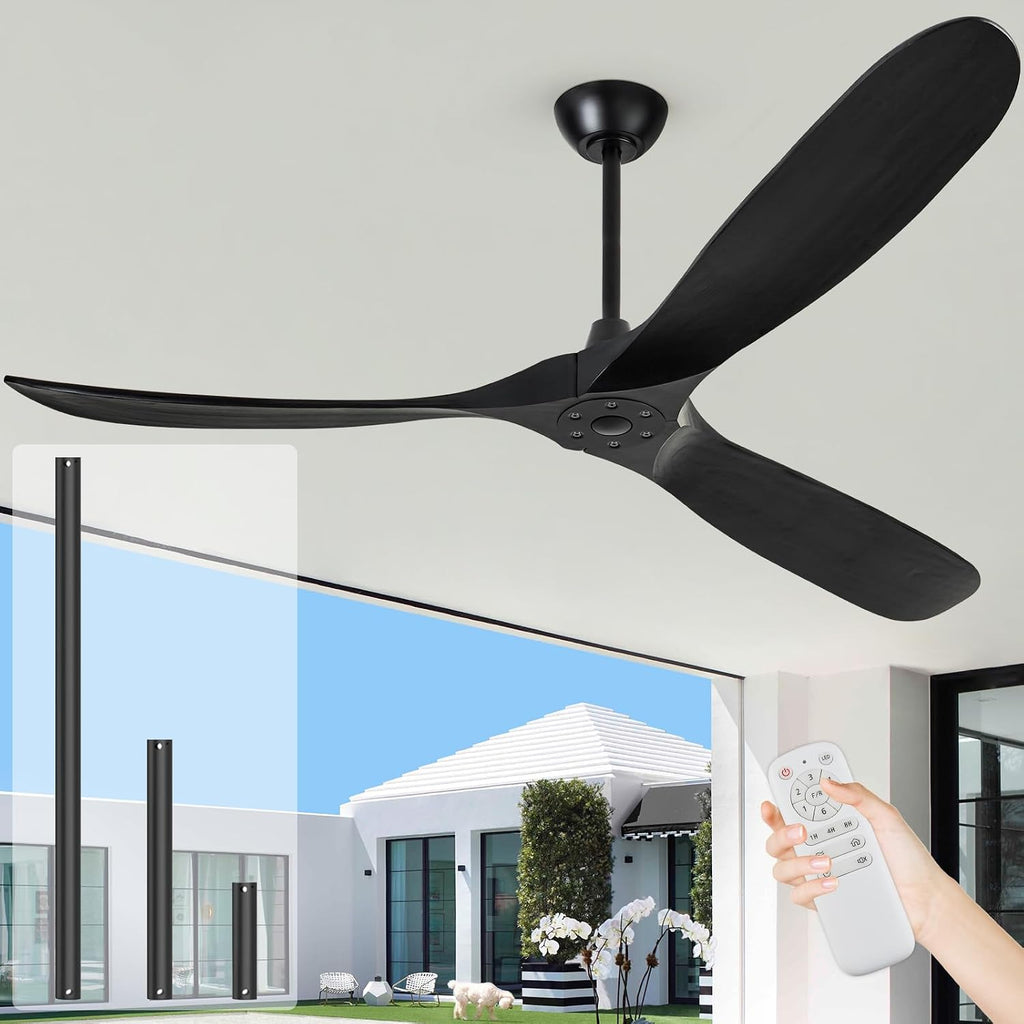 52' Ceiling Fans without Lights, Ceiling Fan no Light with 3 Blades, Solid Wood Ceiling Fan with Remote Control and DC Motor, Indoor Outdoor Ceiling Fans for Patios-Black