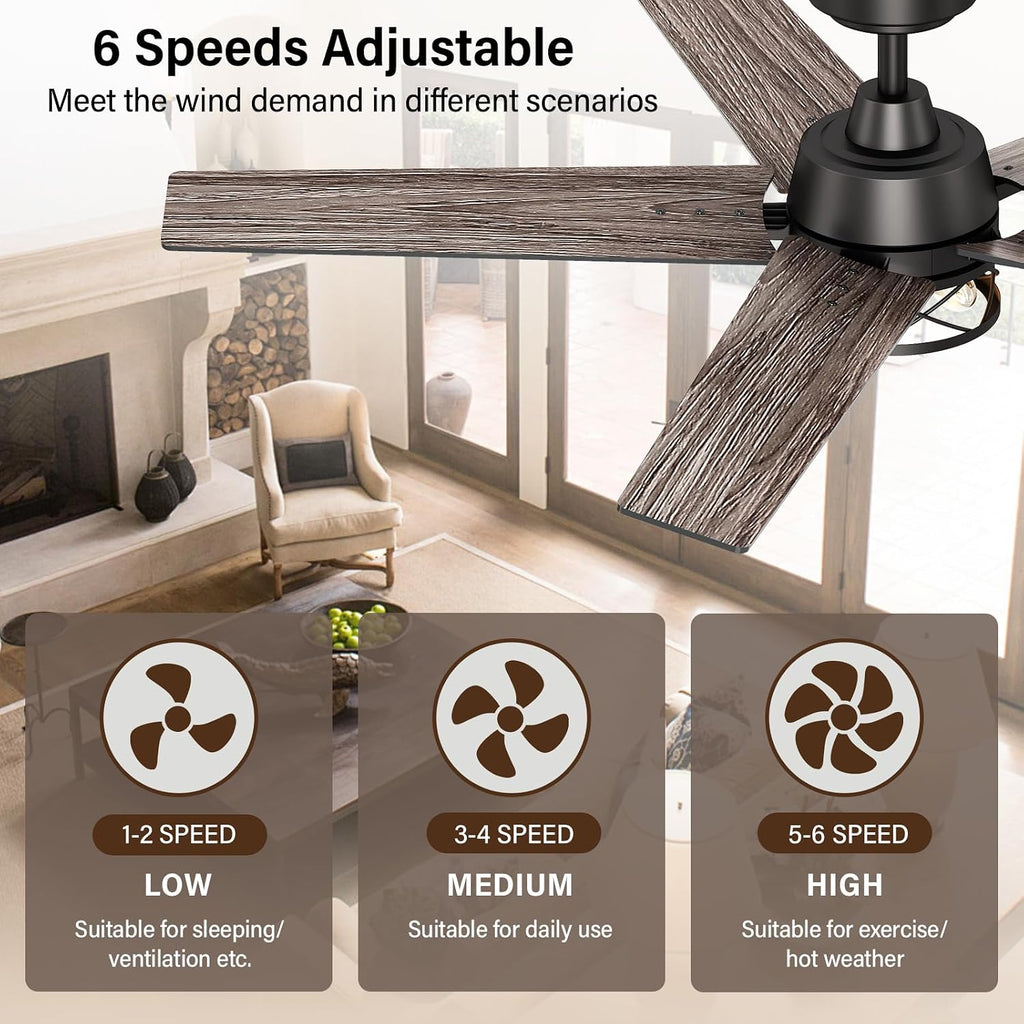 52 Inch Black Caged Ceiling Fans with Lights and Remote, Reversible, 3CCT, Dimmable, Noiseless, Double-Sided 5 Blades Ceiling Fan for Bedroom, Farmhouse, Living Room, No Light Bulbs Included