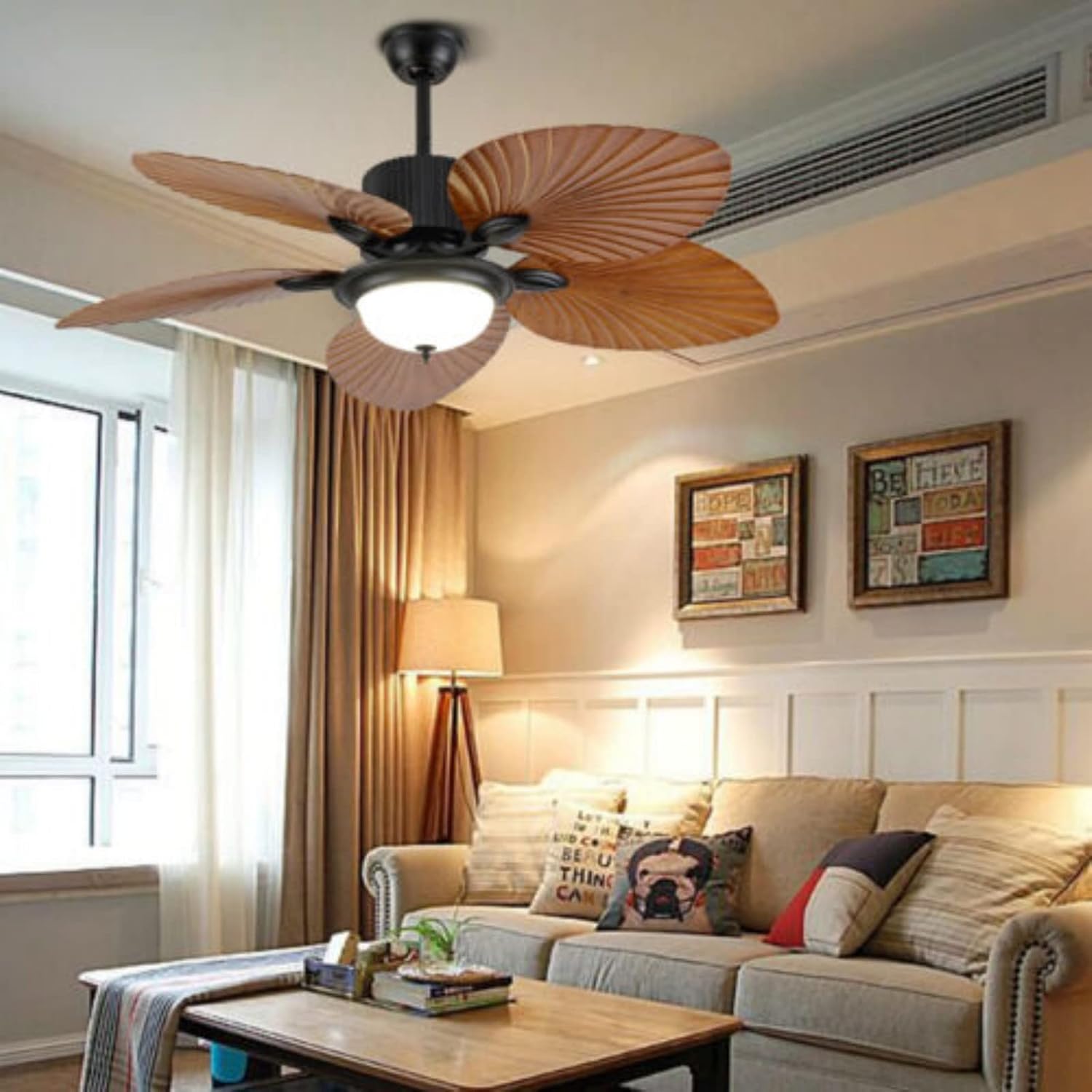 52' Retro Ceiling Fan Light, Leaf Blades Chandelier Indoor Lamp w/Remote Control Quiet, 5 ABS Palm Leaf Blades, 3 Speed & 3 Lighting Colors & Smart Timing, Home Indoor Bedroom Living Room