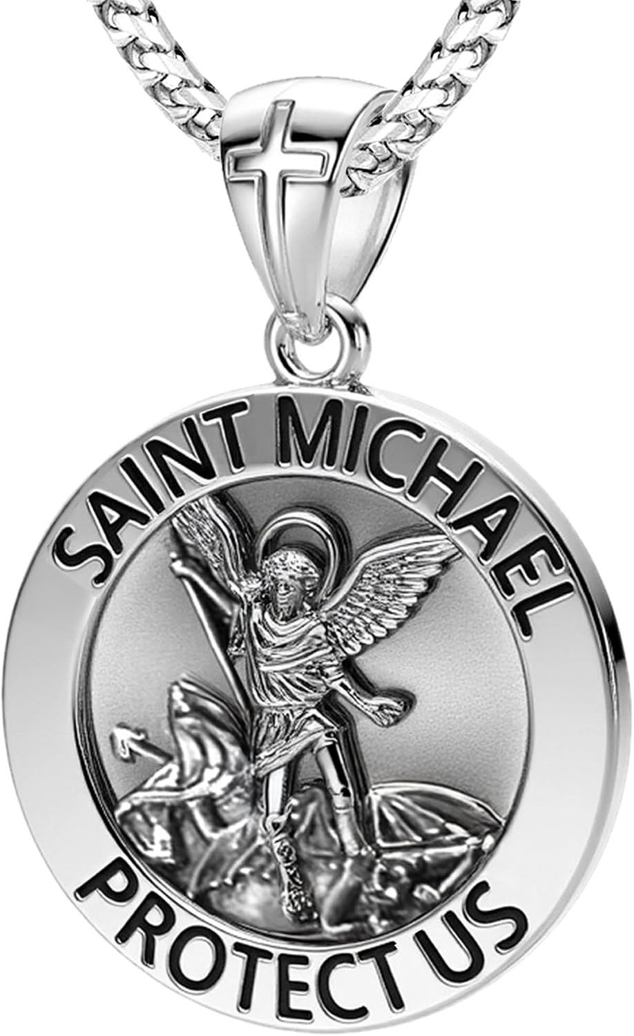 US Jewels Men's 925 Sterling silver 33mm Saint Michael Medal Antique Finish Round Pendant Necklace, 22in to 26in