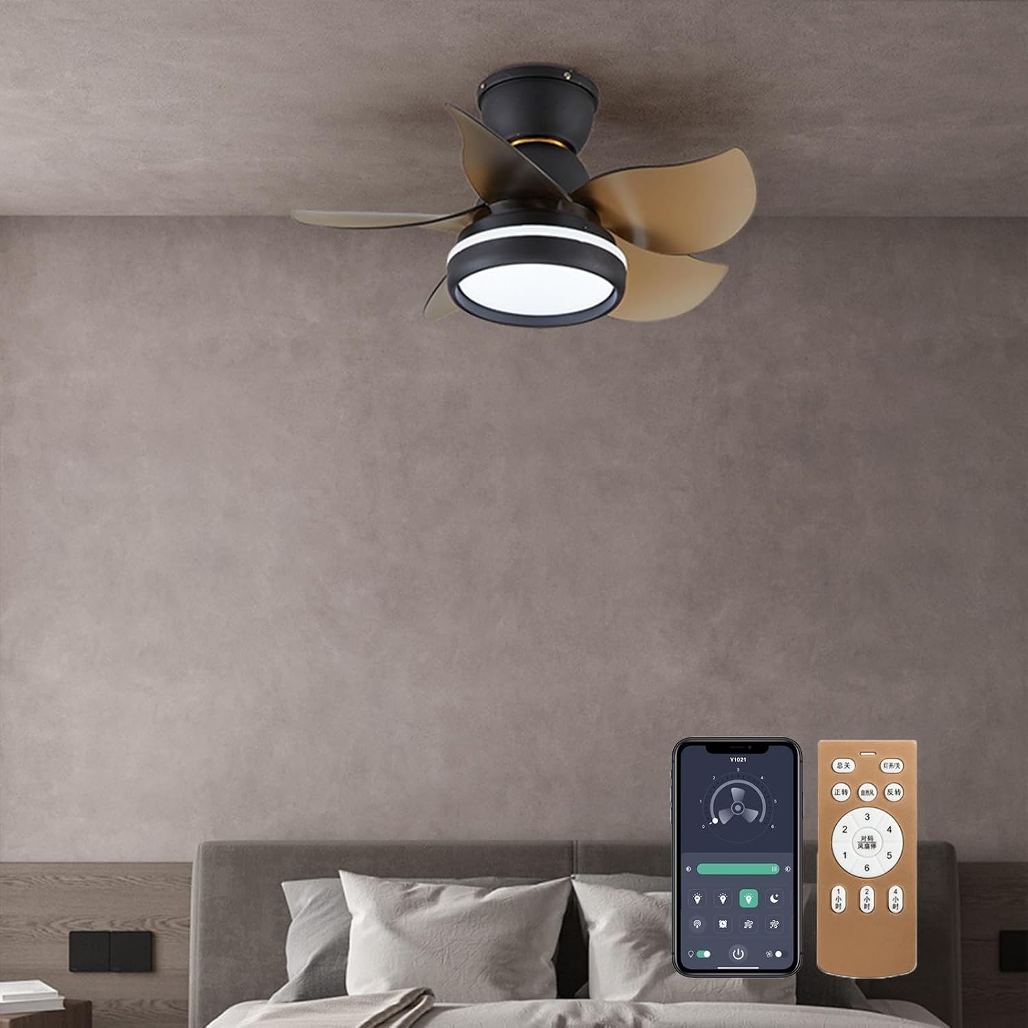 Ceiling Fans with Lights, Fans with Lights and Remote/APP Control, Modern Flush Mount Ceiling Fan, with 5 Reversible Blades 3 Colors Dimmable 6 Speeds Ceiling Fan for Bedroom/Kitchen/Dining Room/Patio