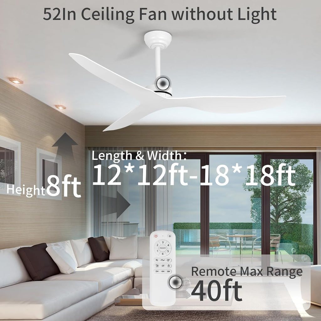 Ceiling Fans without Light,52 Inch Ceiling Fan with Remote Control,3 Reversible Blade,White Ceiling Fan for Bedroom, Living Room,Hallway
