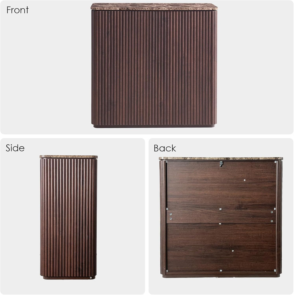 Fluted 2 Doors Sideboard Cabinet with Storage, 34' Wooden Credenza with Shelves, Faux Marble-Top Coffee Bar Console Table, Modern Buffet Cabinet for Dining, Kitchen, Living Room, Entryway, Dark Oak