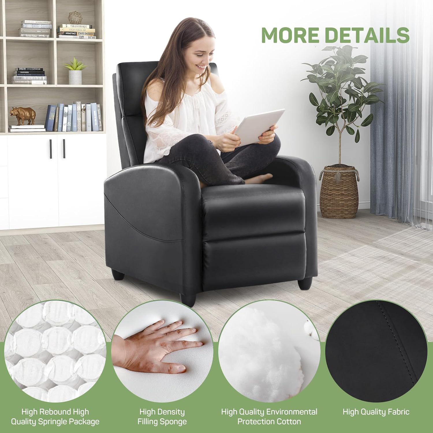 Recliner Chair with Massage and Lumbar Support, Small PU Leather Home Theater Seating, Adjustable Modern Reclining Chair for Adults in Living Room