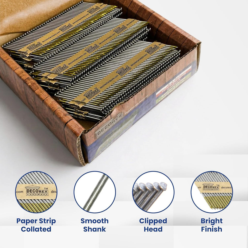3-1/2 Inch Framing Nails – .131 Smooth Shank Paper Strip Collated, Clipped Head Nails for 30–34° Framing Nail Gun, Bright Coated, 2,500 Count