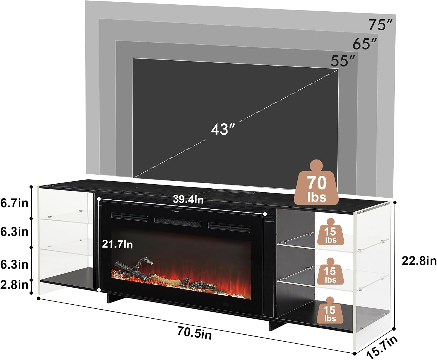 VECELO Fireplace TV Stand for Televisions up to 75' with 3D Flame/13 Colors, Modern Media Entertainment Center Console Table with LED Lights, 3 Tier Transparent Storage Shelves, for Living Room, Black