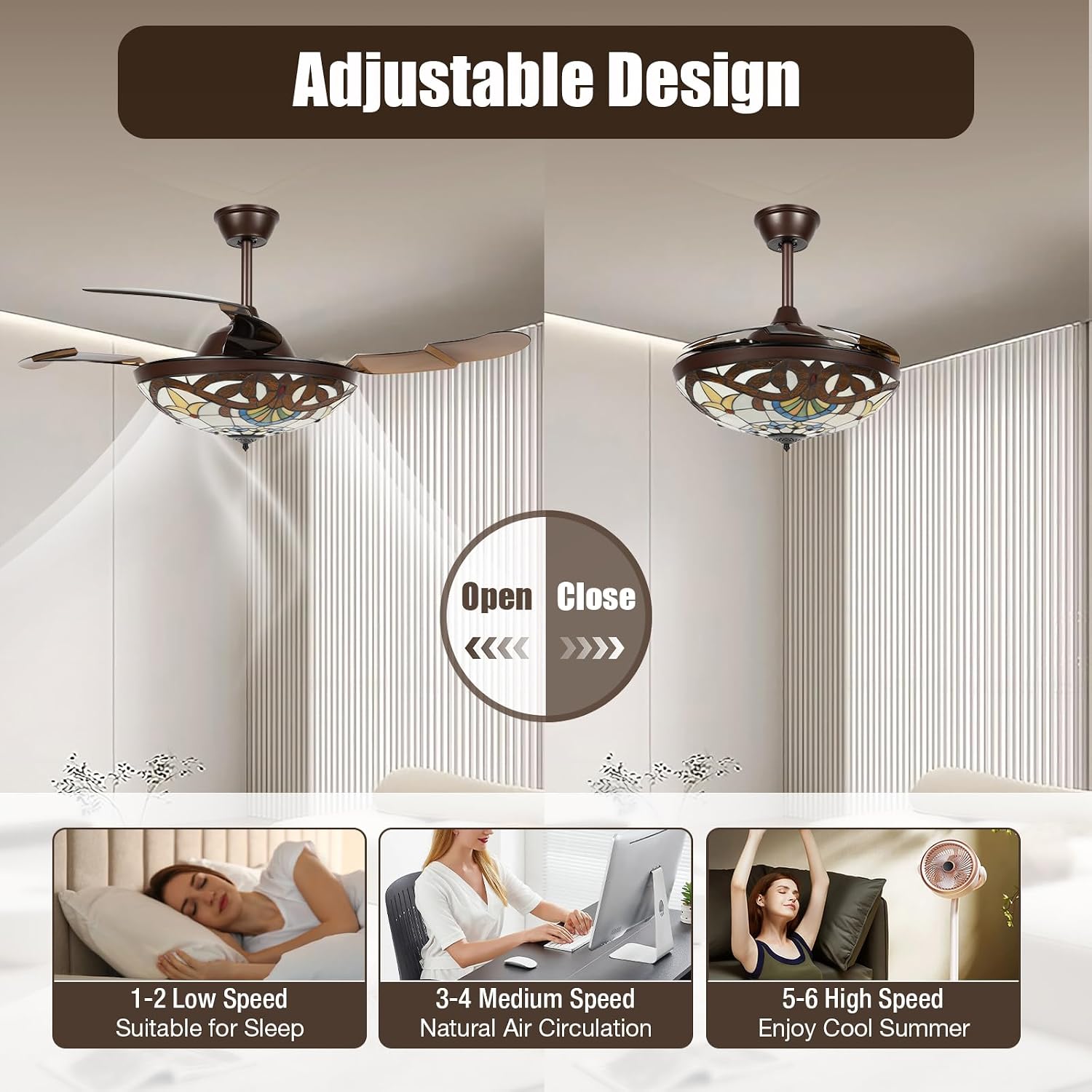 42' Tiffany Style Retractable Ceiling Fan Light Invisible Ceiling Fan Retro Stained Glass LED Dimmable Chandelier with Remote 3-Color Changes and 6-Speed for Home, Bar, Restaurant, Hotel, Cafe