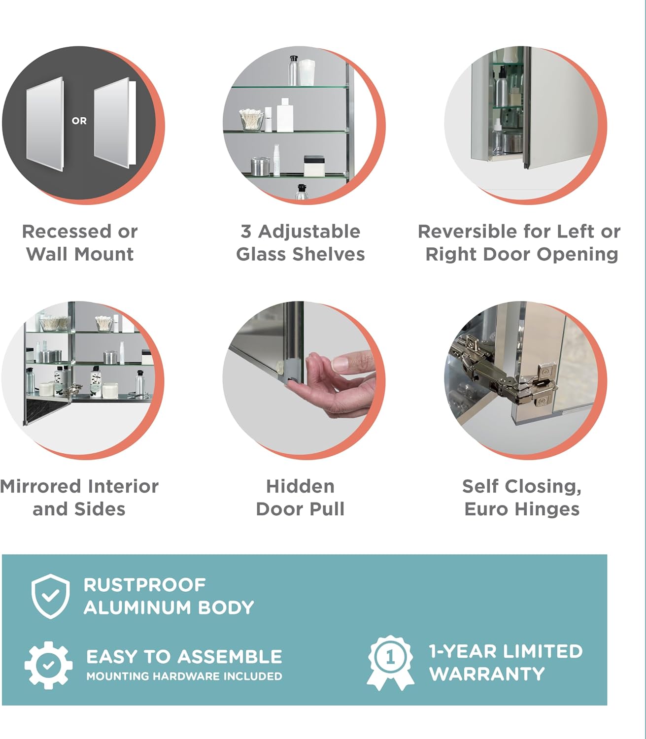 Zenna Home Bathroom Medicine Cabinet with Mirror, Frameless Bathroom Wall Cabinet with Rustproof Aluminum Body, 3 Adjustable Glass Shelves, Recessed or Surface Wall Mount Installation, 24 x 30 Inches
