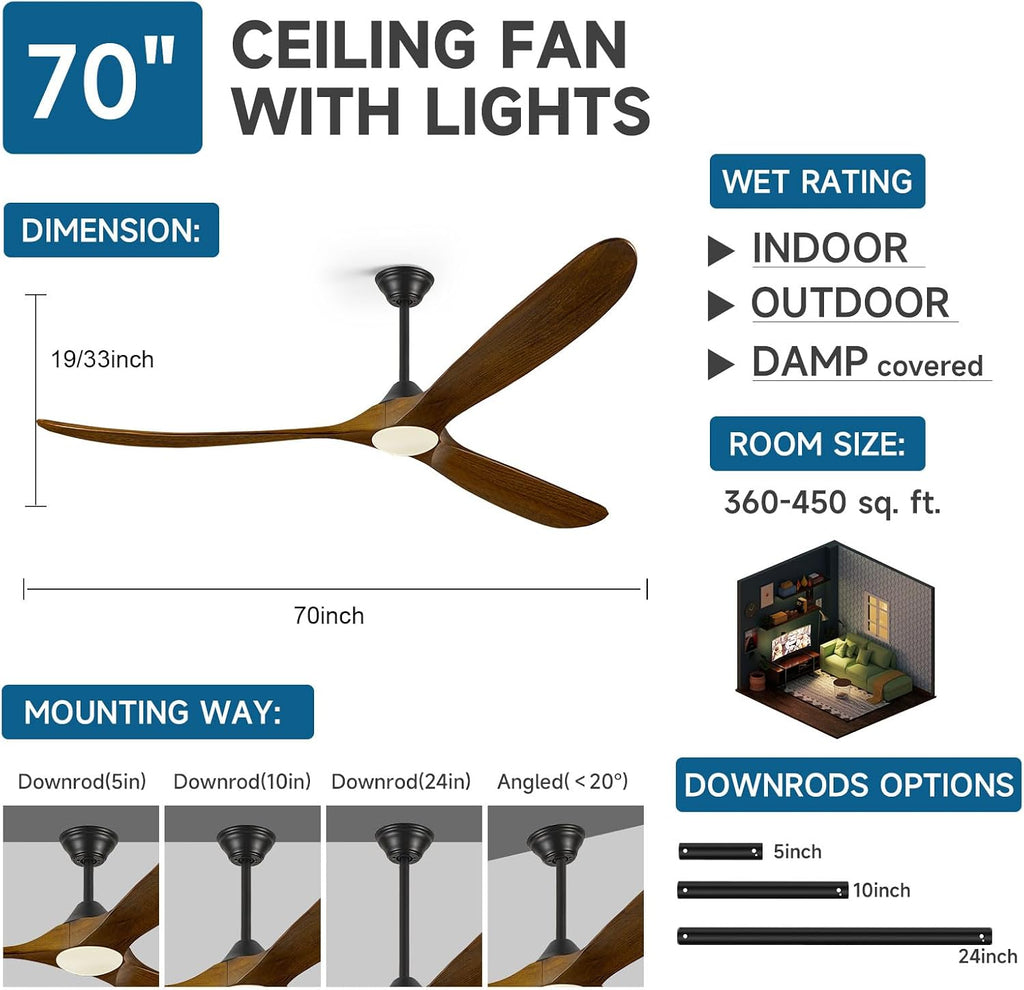 70 Inch Large Wood Ceiling Fans with Lights, Rustic Farmhouse Indoor Outdoor Ceiling Fans with Reversible Quiet DC Motor, 8H Timer, Dimmable, 3 Blades Propeller Fans for Living Room Patios