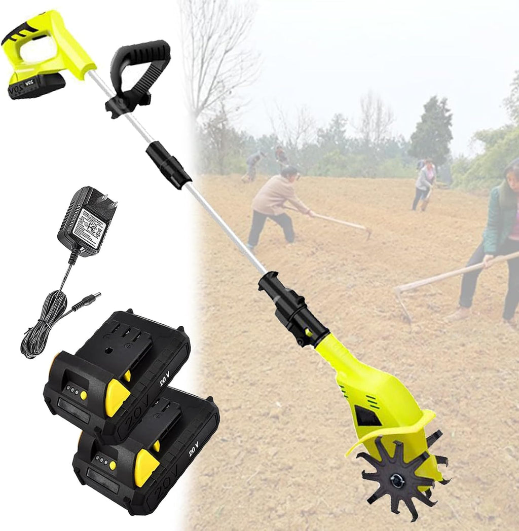 Portable Garden Cultivator Electric Cordless Tiller with 2×12Ah Rechargeable Battery for Gardens, Vegetable Patches, Orchard - 97-127cm Adjustable Rod