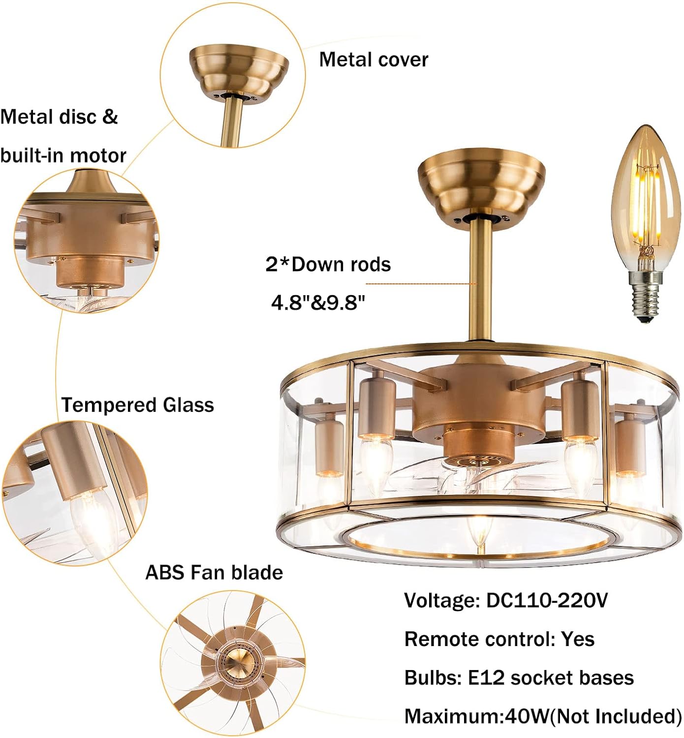 OUKANING Caged Fandelier Ceiling Fan with Light, Golden Ceiling Fans with Remote Control & Noiseless 35db - Farmhouse Rustic Bladeless Ceiling Fans Chandelier Retro Lighting Fixture (glass)