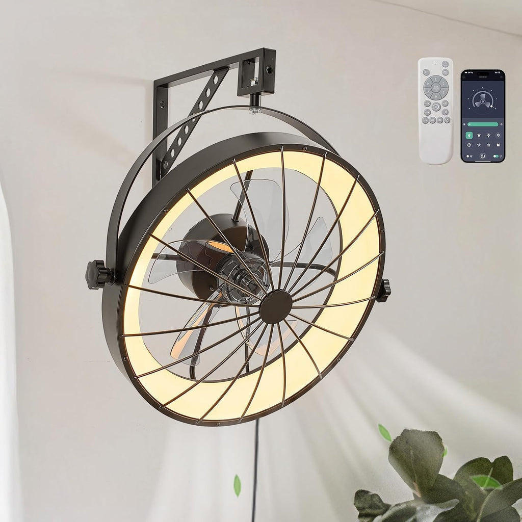 Wall Mount Fan with Remote App Control, 20' Quiet Wall Mounted Fans with Light, 3 Color Dimmable, 360° Adjustable Tilt Plug in Ceiling Fan Indoor Wall Hanging Fan for Garage, Home, Patio