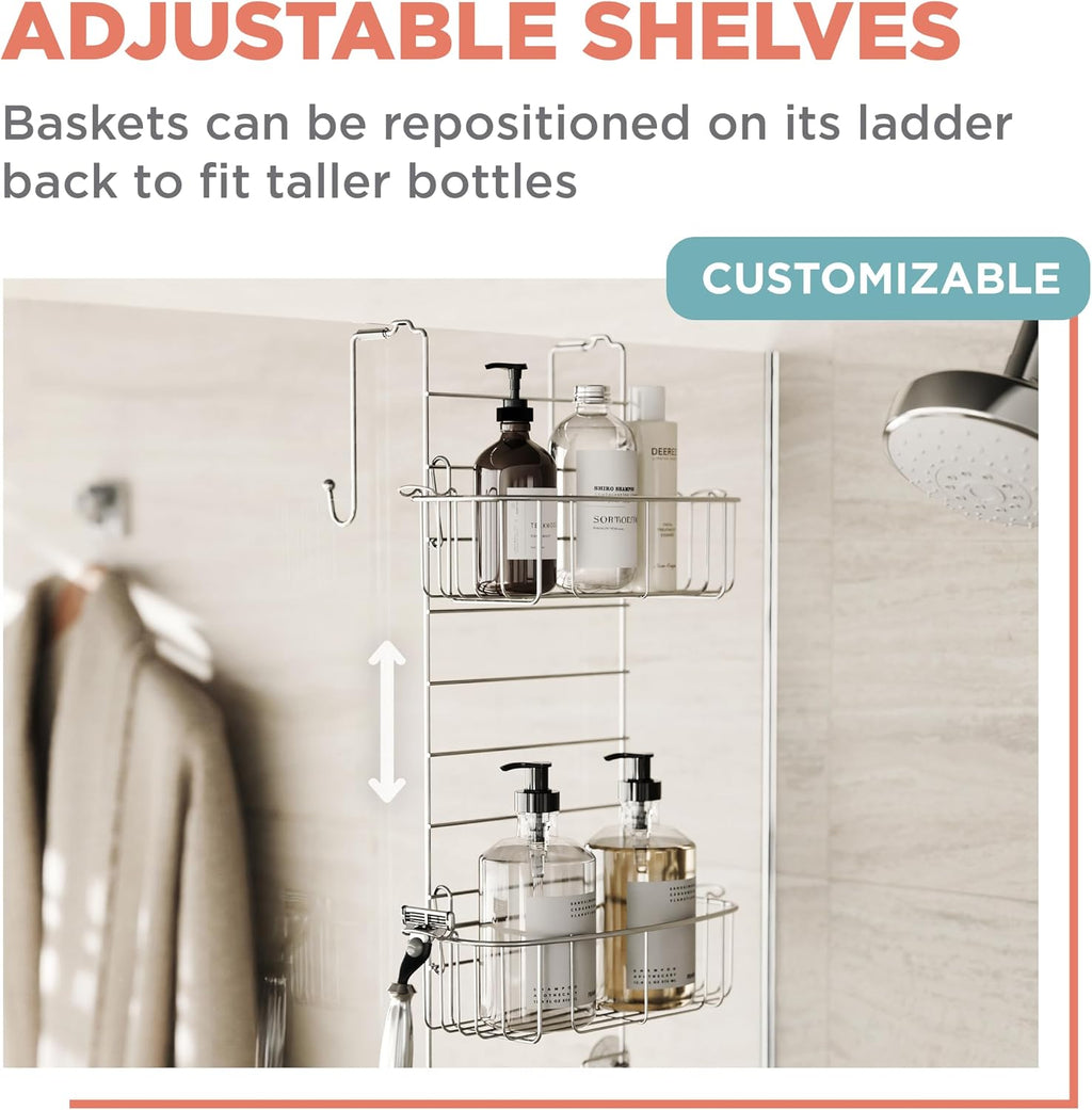 Zenna Home Shower Caddy Hanging Over the Shower Door Organizer, Stainless Steel Rack with 2 Shelves and Built in Hooks, Bathroom Organizer Shelf for Inside Shower, Stainless Steel