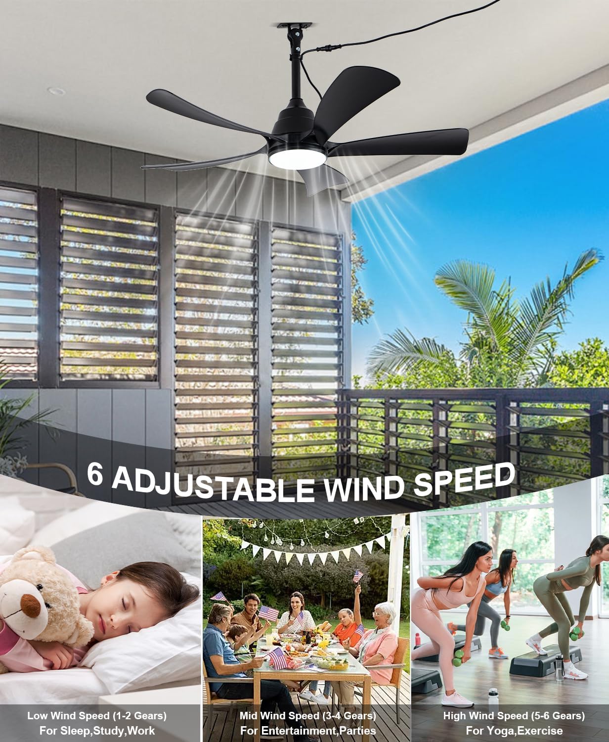 42' Outdoor Waterproof Ceiling Fan with 3 Color LED Light,App/Remote Control,Quiet DC Motor,Plug-in Cord Hook Installation,IP65 Gazebo Ceiling Fan with Light for Patios,Pergola,Canopy