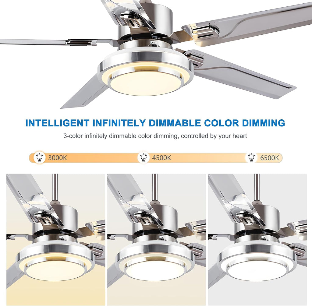 Modern Ceiling Fans with Lights Remote, 42'' Outdoor Ceiling Fan with Dimmable 3 Light Colors 3 Speed Reversible DC Motor, 5 Stainless Steel Blades Fandelier for Patio Porch Living Room