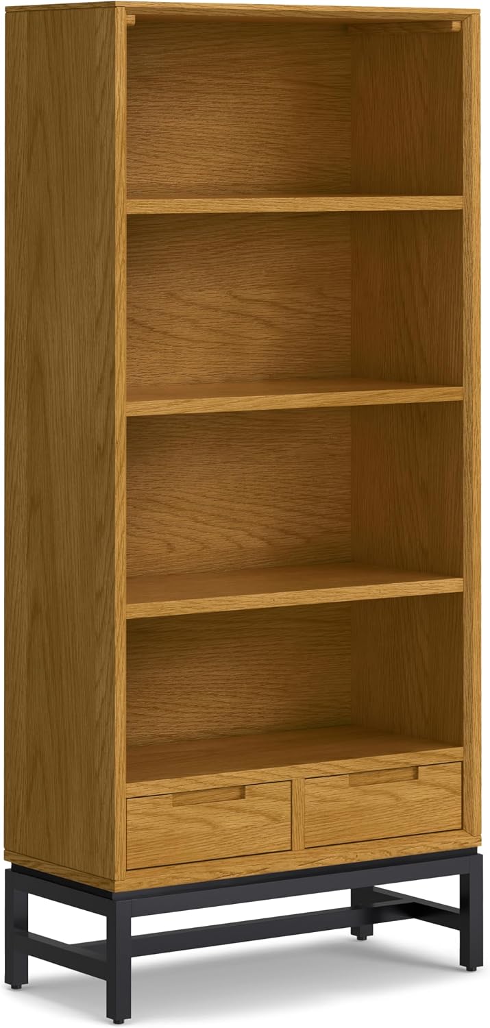 SIMPLIHOME Banting Desk and Bookcase Bundle - 72 inch Wide Solid Wood Desk with Drawers and 30 inch Wide 4-Shelf Bookcase in Oak, Modern Industrial Home Office Furniture (Set of 2)