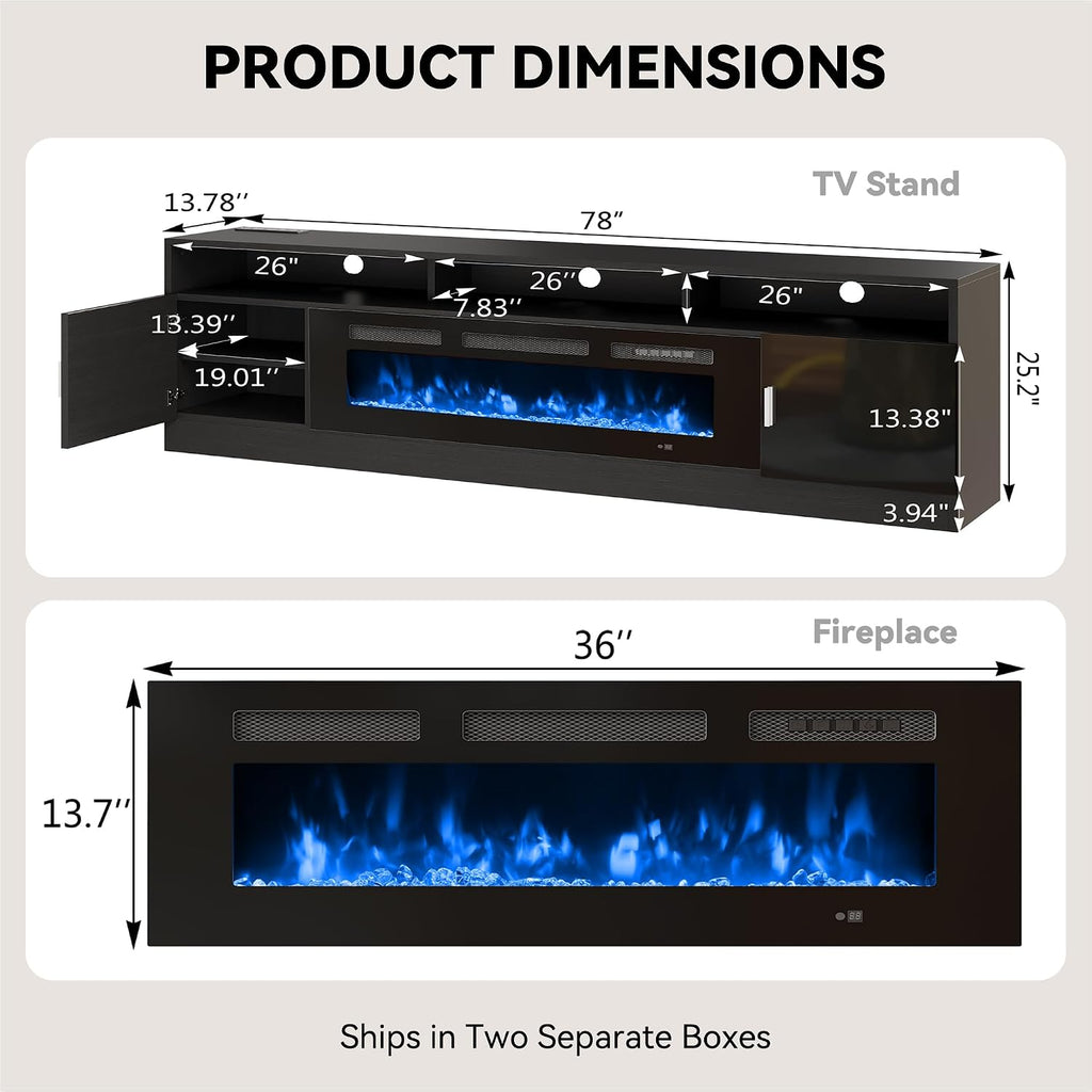 80' Fireplace TV Stand with Power Outlet, Electric Fireplace Entertainment Center with Storage Cabinets, Fits TVs up to 90', TV Console with LED Lights for Living Room, Office, Black-Black
