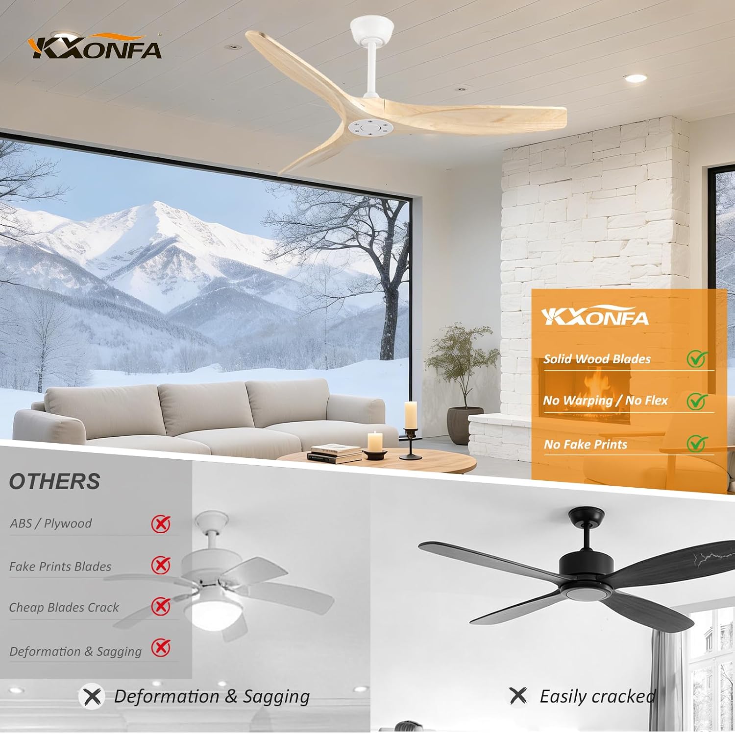 52 Inch Ceiling Fan No Light Outdoor Wood Ceiling Fans with Remote Control,Flush Mount,3 Blades Reversible Quiet DC Motor Modern Ceiling Fan Without Light for Patios Farmhouse Bedroom Indoor