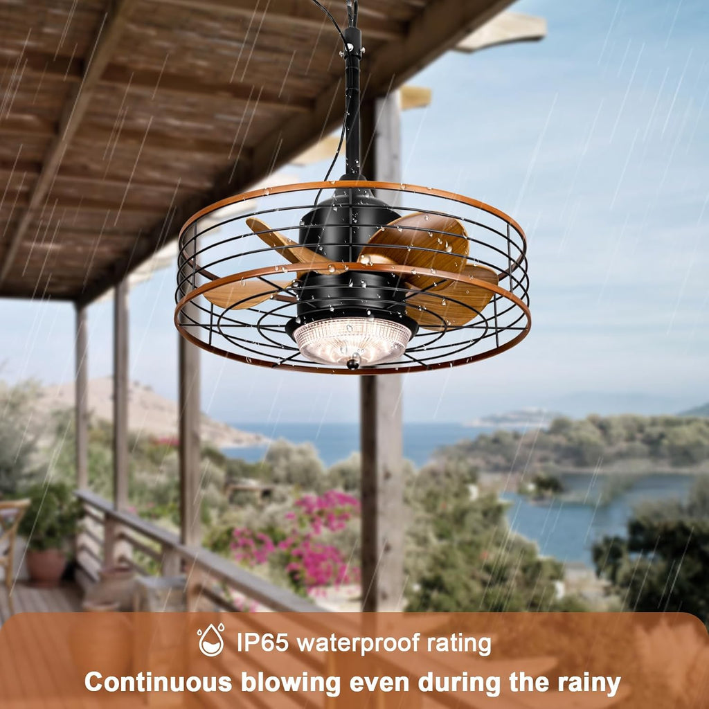 Waterproof Outdoor Ceiling Fan with Light 20' Caged Outdodor Gazebo Fan Hanging with Plug-in Cord, Dimmable LED, Remote APP Control, 6 Speeds for Patios Pergola Porch (Brown)
