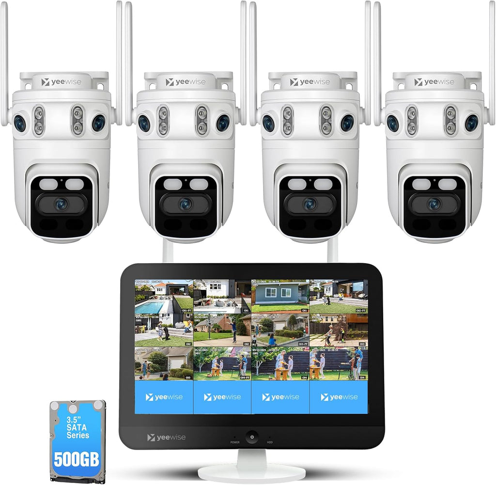 yeewise Triple Lens Wireless Security Camera System with 12' Monitor, 180° Wide View + 360° PTZ AI Tracking, WiFi 6, 16CH NVR, 24/7 Recording, 500GB HDD, No Monthly Fee, Plug-in Power