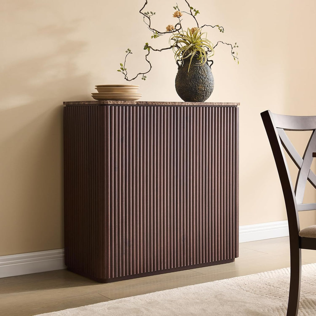 Fluted 2 Doors Sideboard Cabinet with Storage, 34' Wooden Credenza with Shelves, Faux Marble-Top Coffee Bar Console Table, Modern Buffet Cabinet for Dining, Kitchen, Living Room, Entryway, Dark Oak