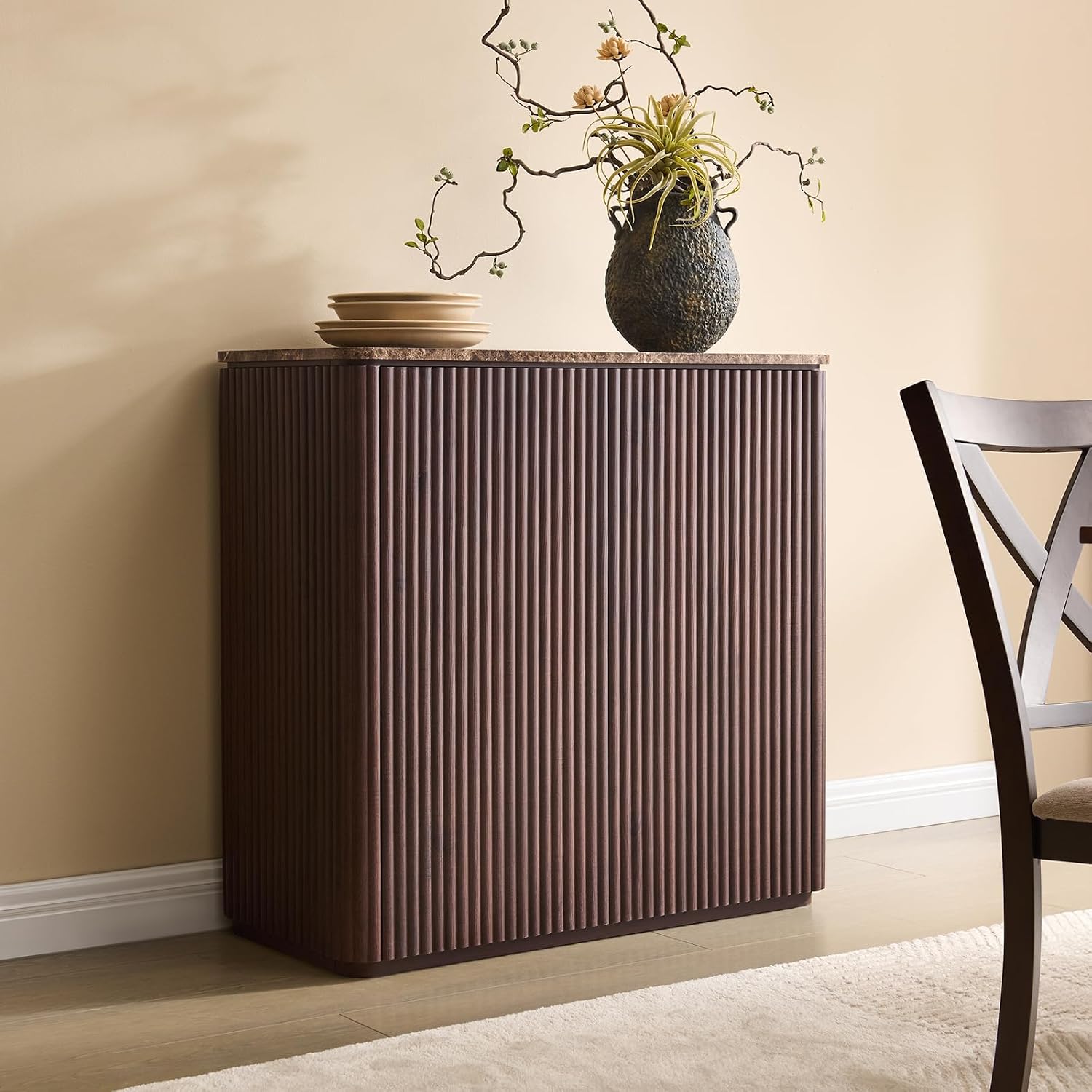 Fluted 2 Doors Sideboard Cabinet with Storage, 34' Wooden Credenza with Shelves, Faux Marble-Top Coffee Bar Console Table, Modern Buffet Cabinet for Dining, Kitchen, Living Room, Entryway, Dark Oak