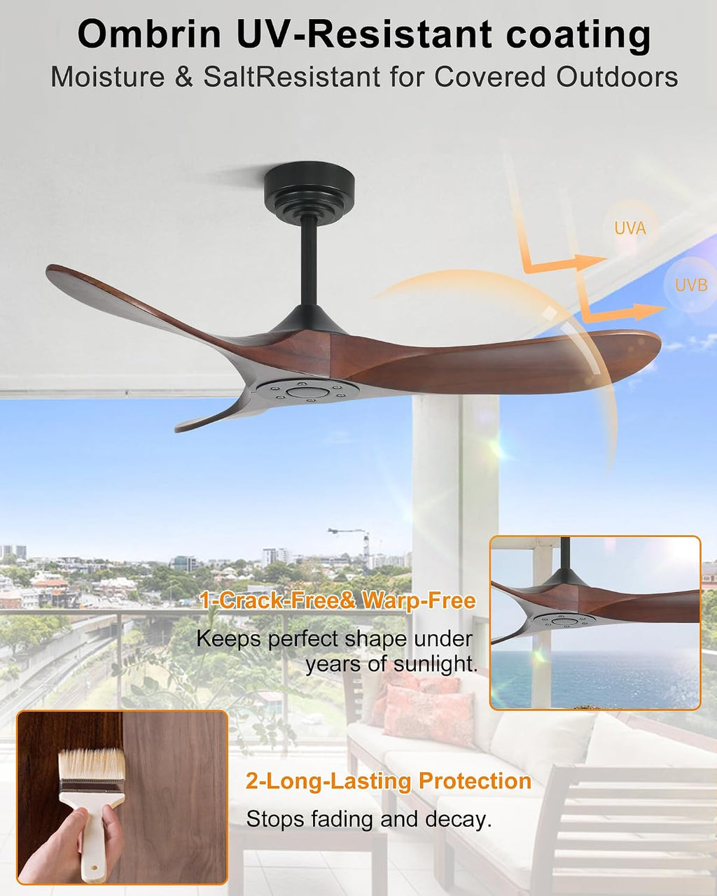 42 Inch Outdoor Ceiling Fans without Lights, Smart Wood Ceiling Fan no Light with Remote Control & Alexa/Google, Outdoor Fan for Patios Farmhouse 3 Blades High CFM Ceiling Fans Red Walnut