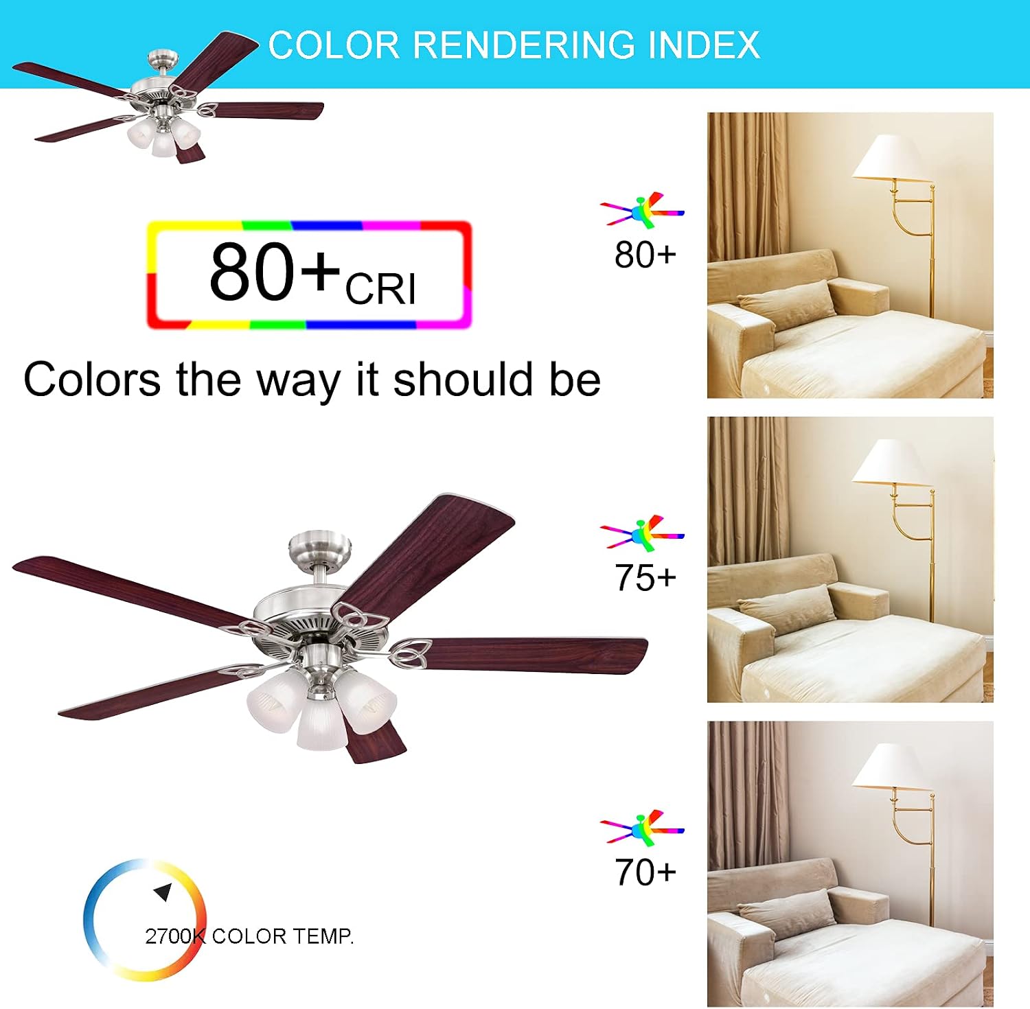 Ciata Lighting 52 Inch Vintage Indoor Ceiling Fan with Dimmable LED Light Fixture and Frosted Ribbed Glass in Brushed Nickel Finish with Reversible Rosewood/Light Maple Blades