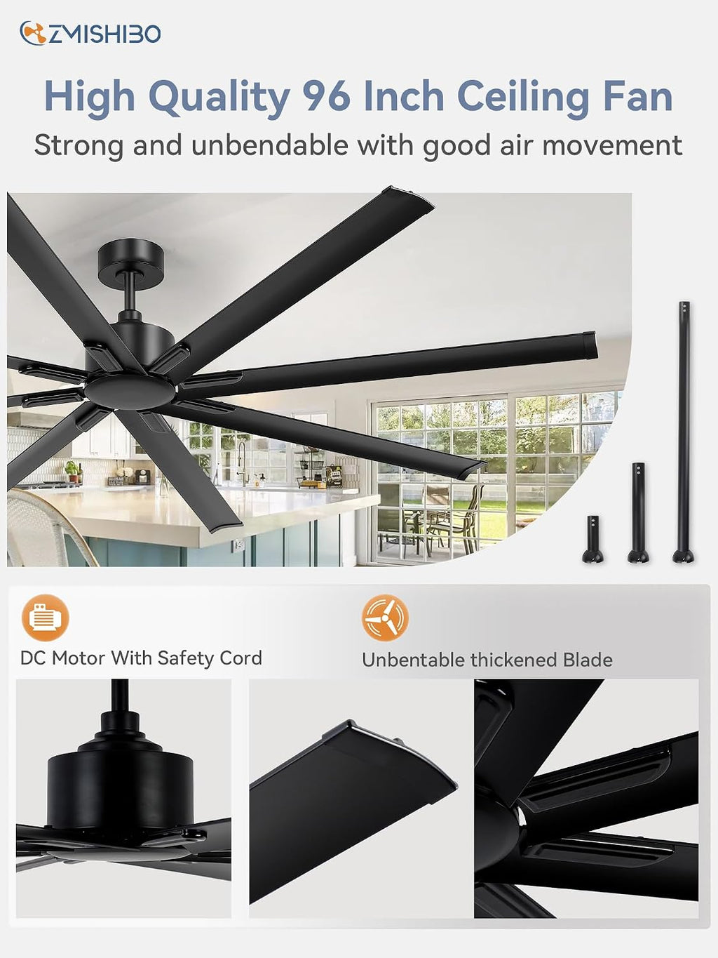 ZMISHIBO 96 Inch Industrial DC Motor Ceiling Fan, Large Ceiling Fan with 8 Reversible Blades, 3 Downrods, 6-Speed Remote Control, Home or Commercial Ceiling Fans for Porch/Garage/Shop, Black