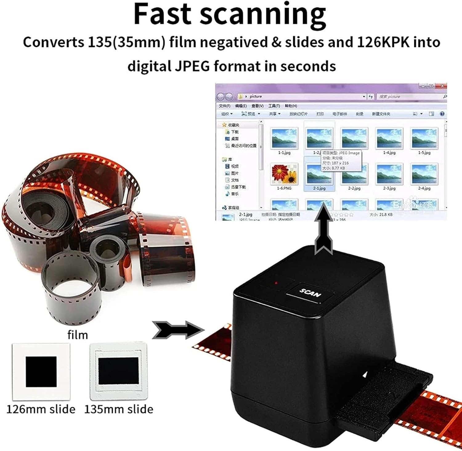 Film Slide Scanner, Slide Scanner viewer, Made of ABS Material, 17 Million HD 135 Film Negative Scanner, Portable and Reliable