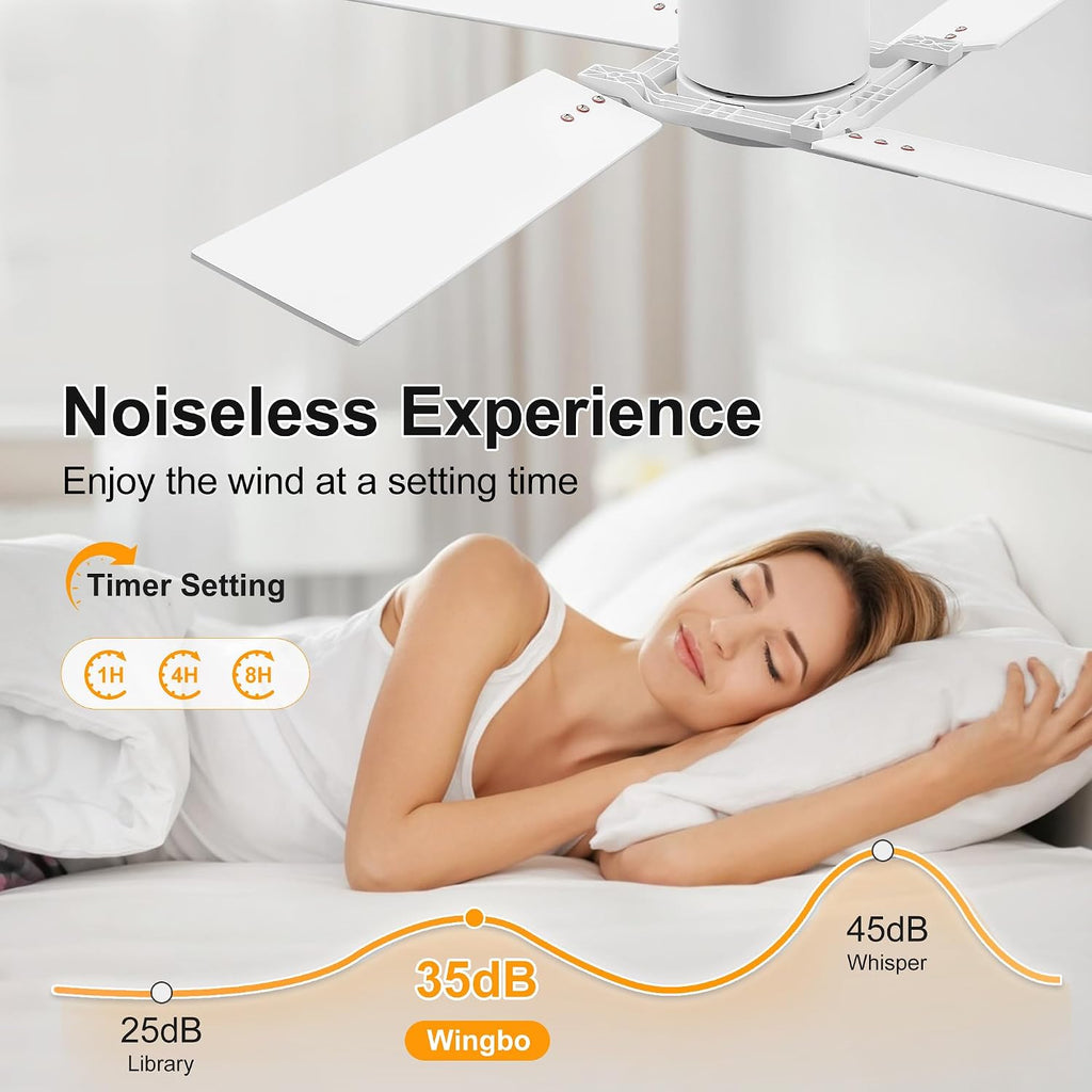 WINGBO 48 Inch Flush Mount Ceiling Fan without Light - 4 Plywood Blades, 6-Speed Reversible DC Motor, Noiseless Low Profile Ceiling Fan No Light for Bedroom Living Room, White and Oak/White