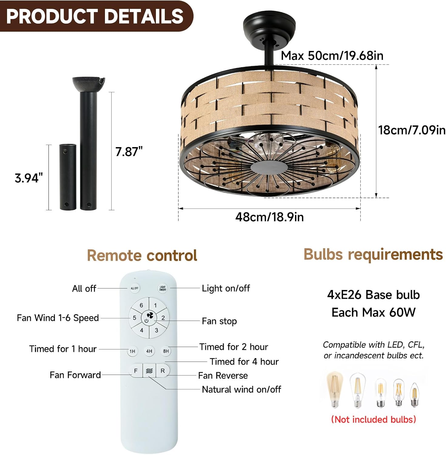 18.9in Boho Fandelier Ceiling Fan with Lights Wicker Chandelier Fan Rattan Caged Ceiling Light with Fans for Kitchen Island Bedroom Dining Room, Remote Control Reversible 6 Speeds E26 Base
