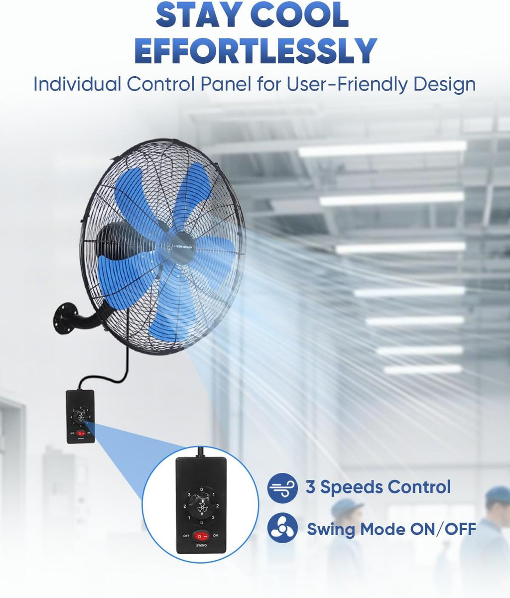 KEN BROWN 18 Inch 3-Speed High Velocity Industrial Oscillating Fan, Wall Mount Fan with Max. 4200 CFM, Seperated Switch and 5 Blades, Heavy Duty Metal for Household/Patio/Workshop, Blue