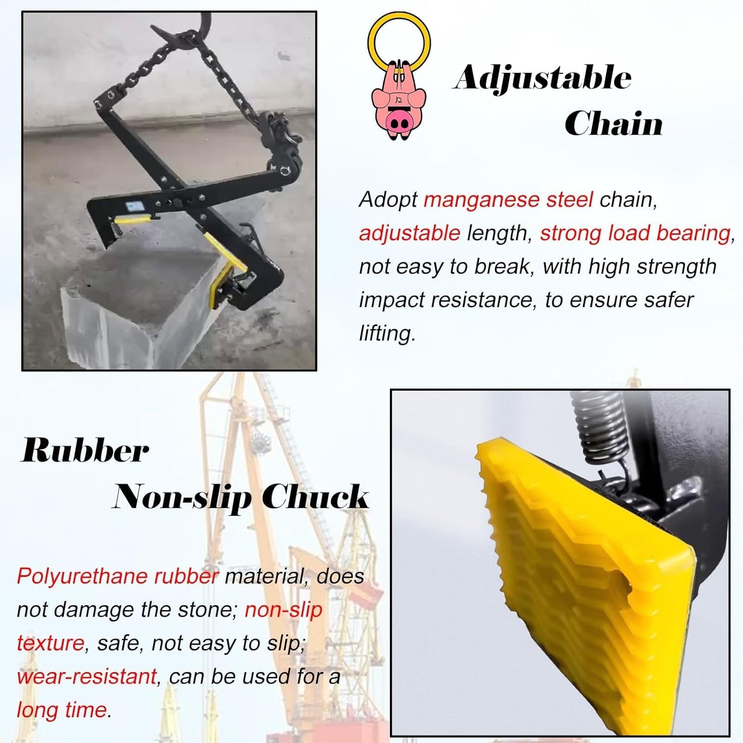 Heavy Duty Granite Steel Plate Lifting Clamps with Rubber Chuck - Chain Link Type, Vertical Clamp for Safe Lifting,Black-Opening 4.7-14.2in